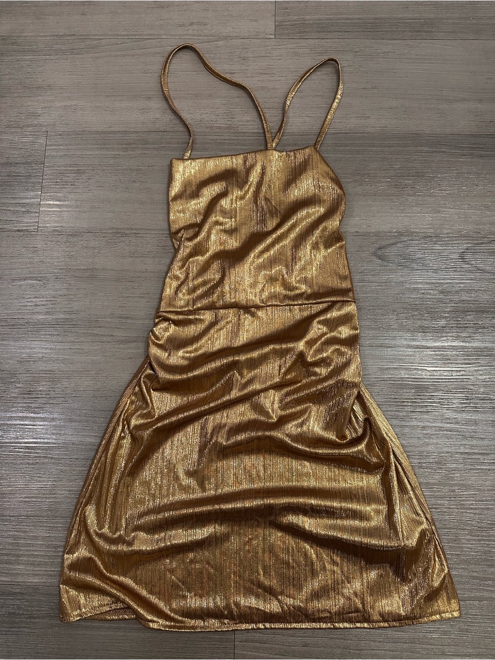 Gold Slip Midi Dress with Spaghetti Straps